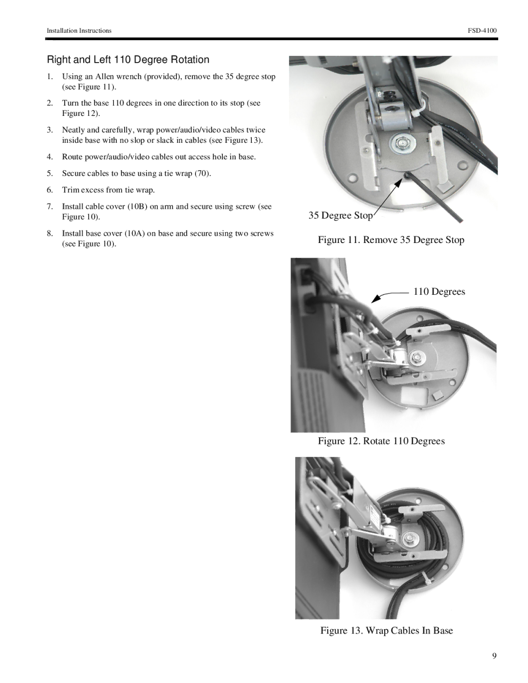 Chief Manufacturing FSD-4100 installation instructions Right and Left 110 Degree Rotation, Remove 35 Degree Stop Degrees 