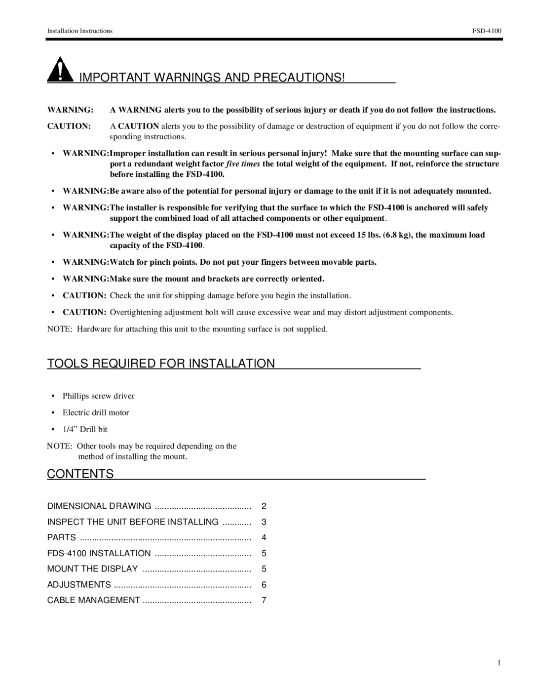 Chief Manufacturing FSD-4100 installation instructions Contents 