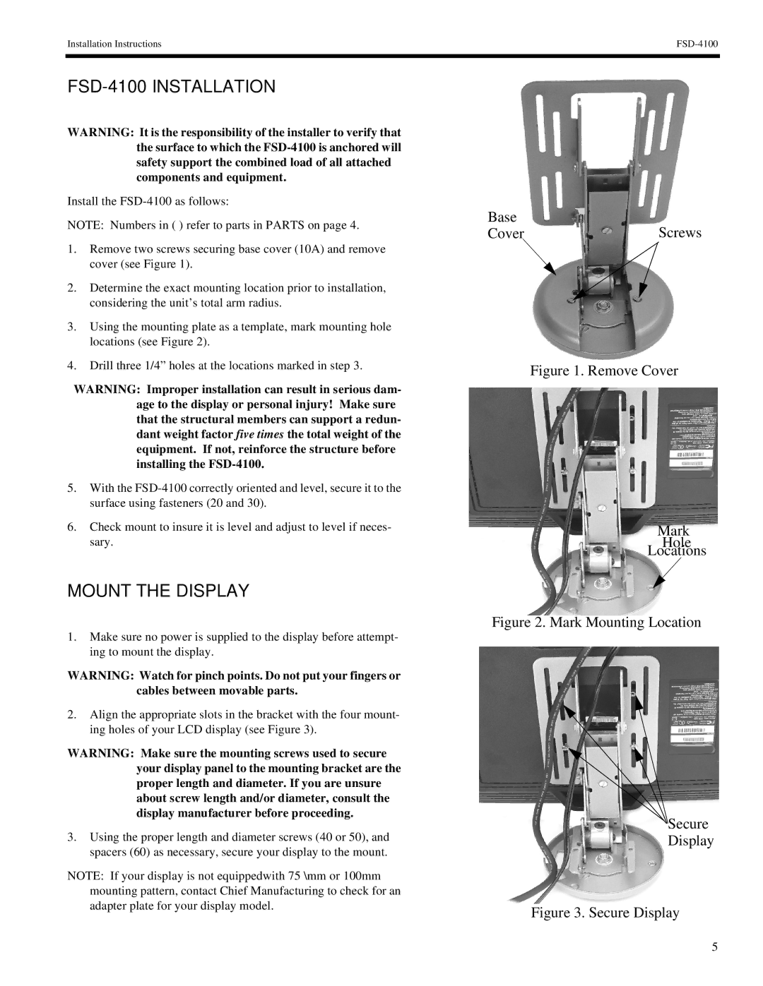 Chief Manufacturing installation instructions FSD-4100 Installation, Mount the Display 