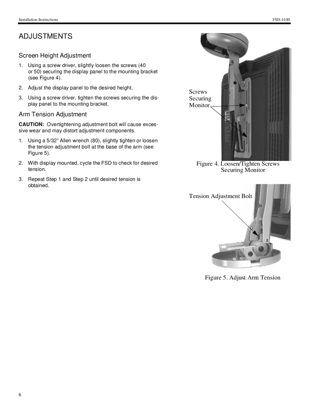 Chief Manufacturing FSD-4100 installation instructions Adjustments, Screen Height Adjustment, Arm Tension Adjustment 