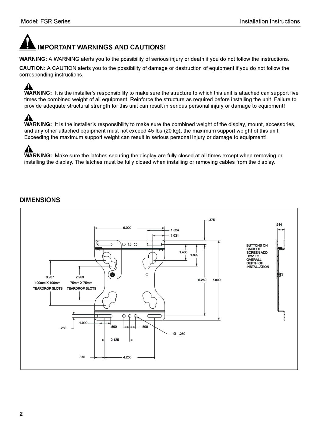 Chief Manufacturing FSR Series installation instructions Important Warnings and Cautions, Dimensions 