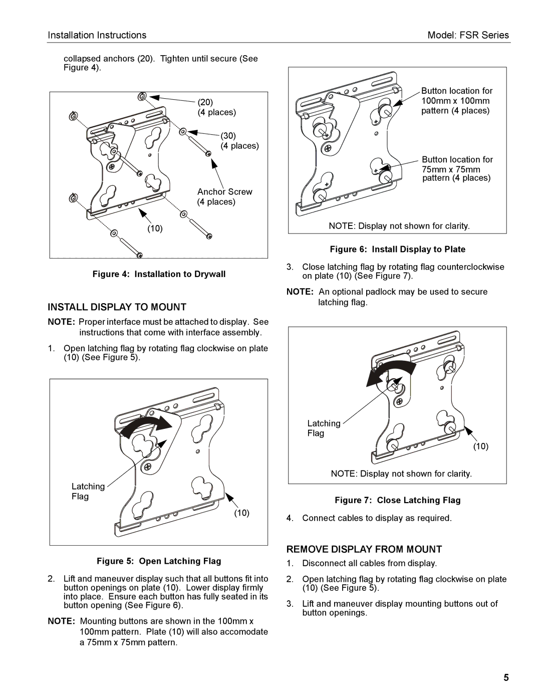 Chief Manufacturing FSR Series installation instructions Install Display to Mount, Remove Display from Mount 