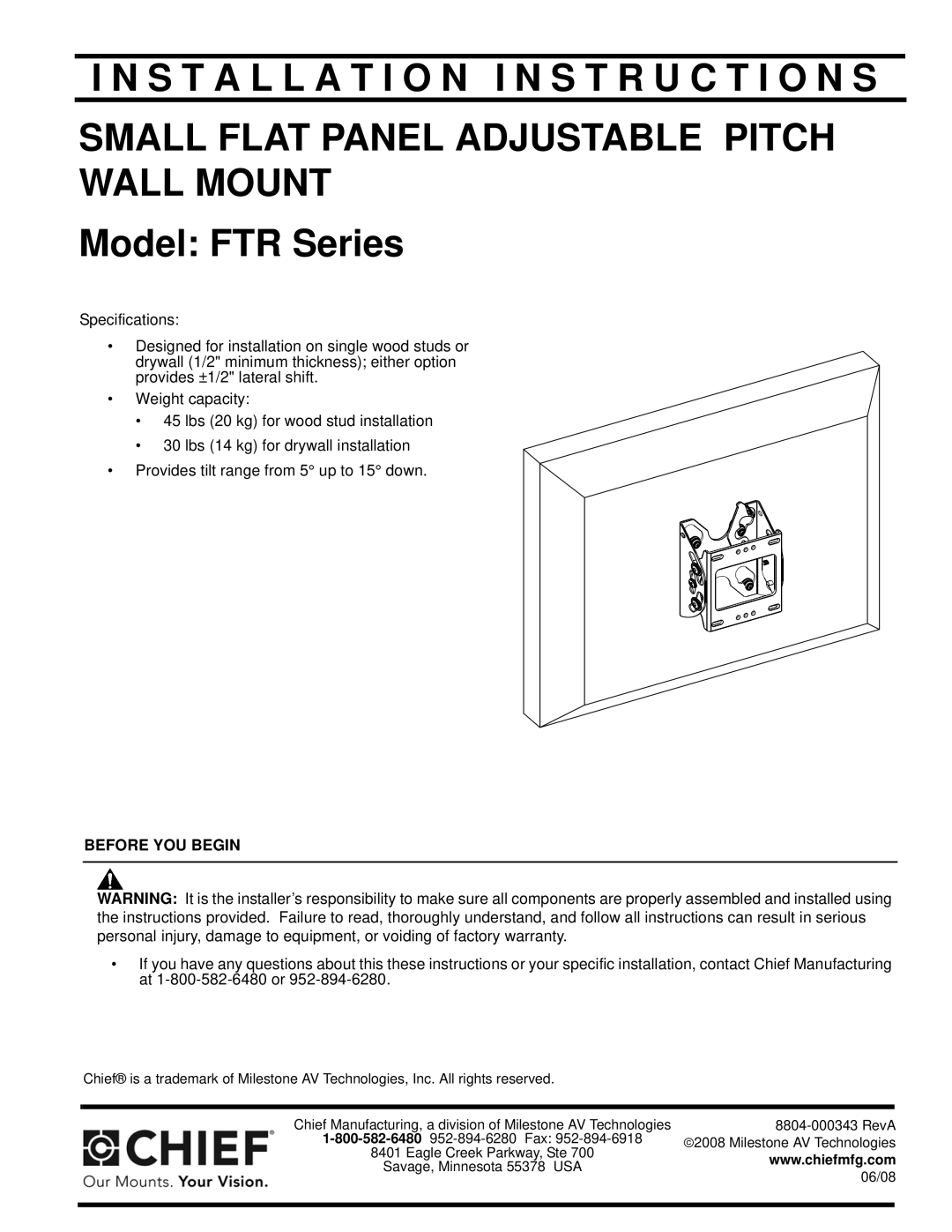 Chief Manufacturing installation instructions Model FTR Series 