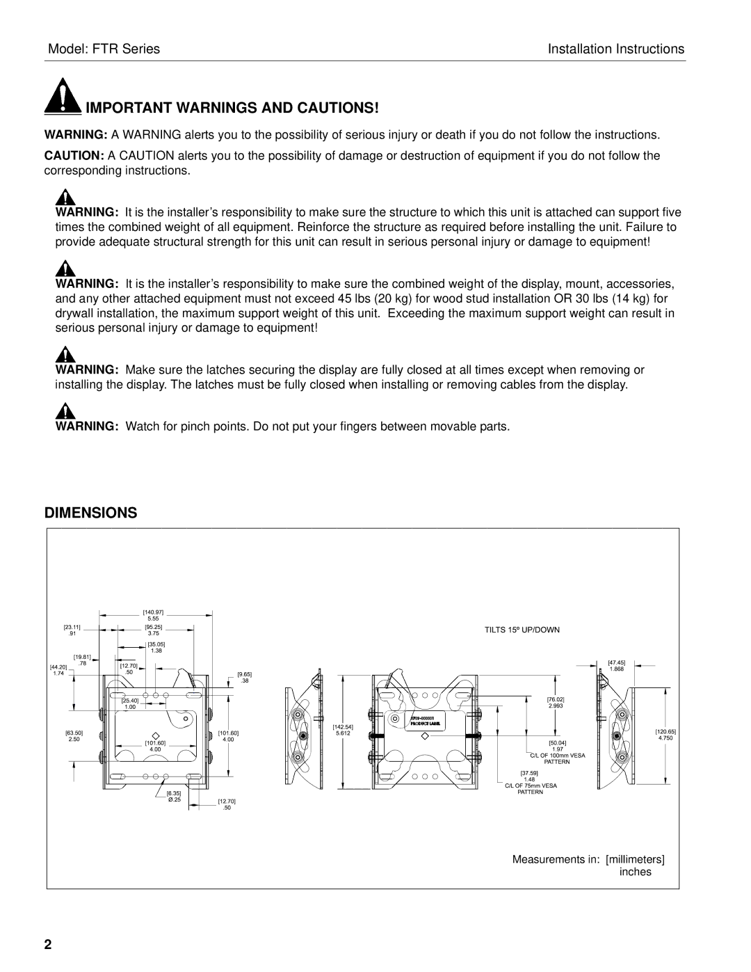 Chief Manufacturing FTR Series installation instructions Important Warnings and Cautions Dimensions 