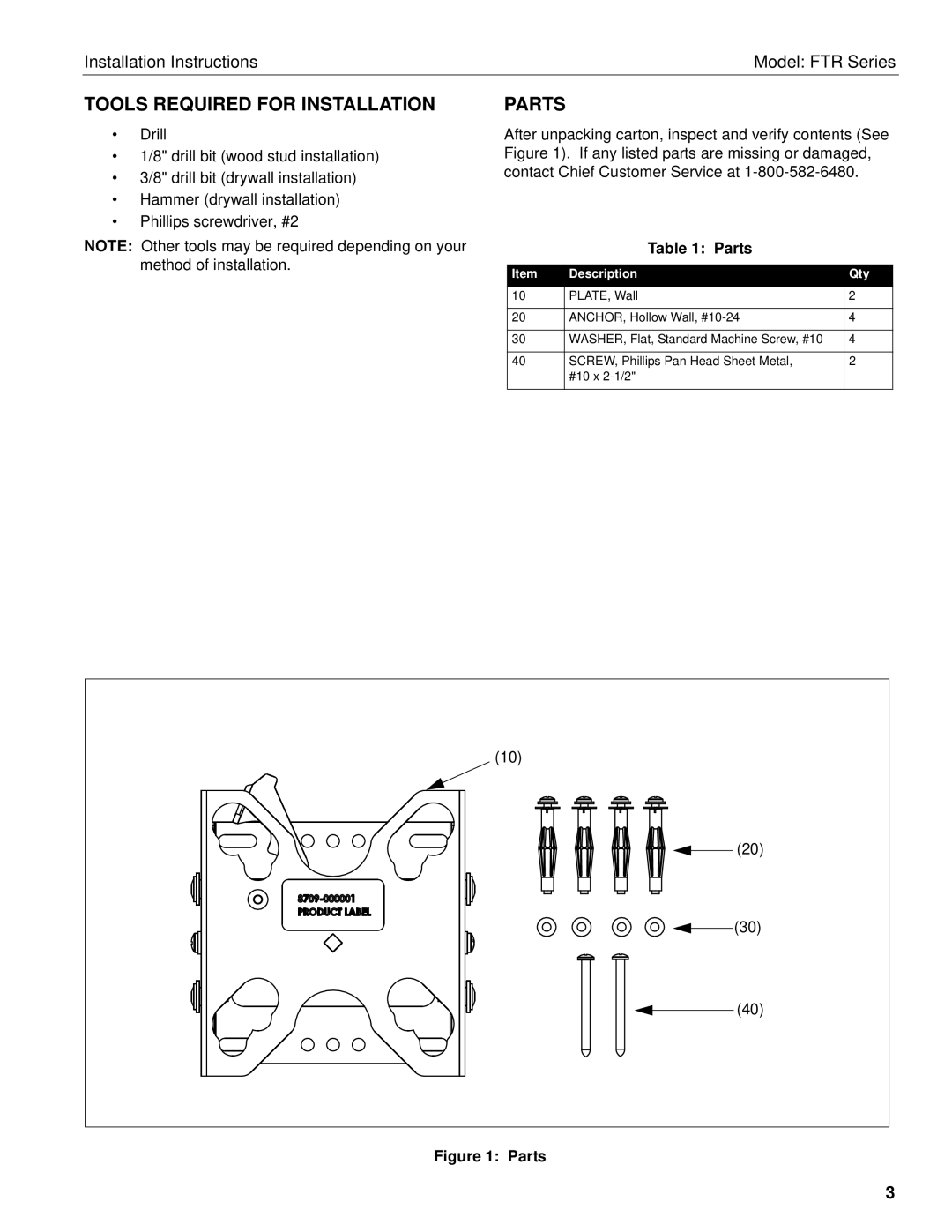 Chief Manufacturing FTR Series installation instructions Tools Required for Installation, Parts 