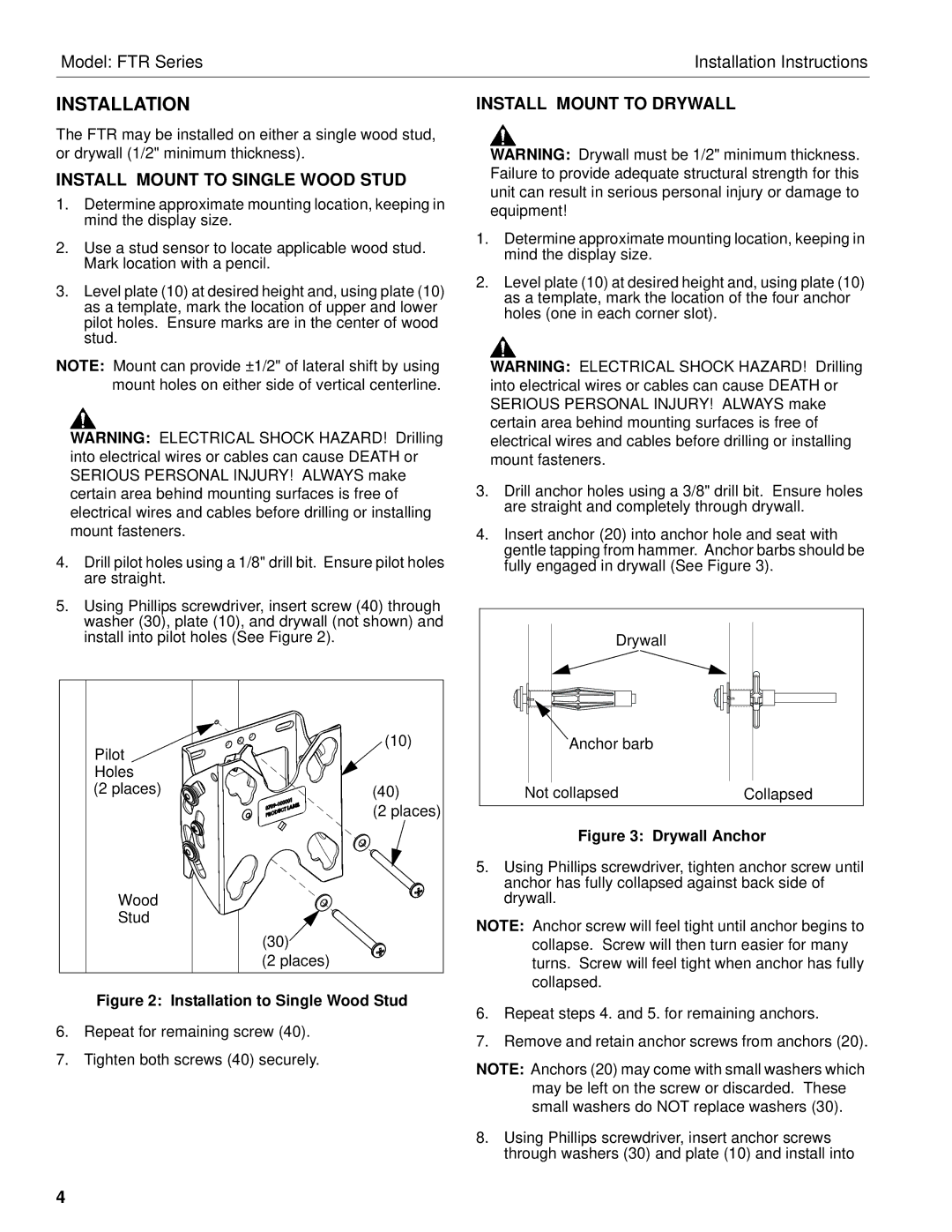 Chief Manufacturing FTR Series Installation, Install Mount to Single Wood Stud, Install Mount to Drywall 