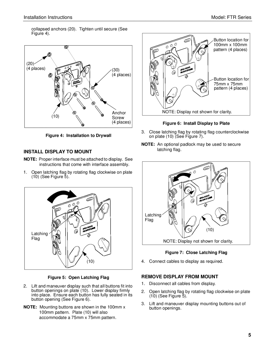 Chief Manufacturing FTR Series installation instructions Install Display to Mount, Remove Display from Mount 