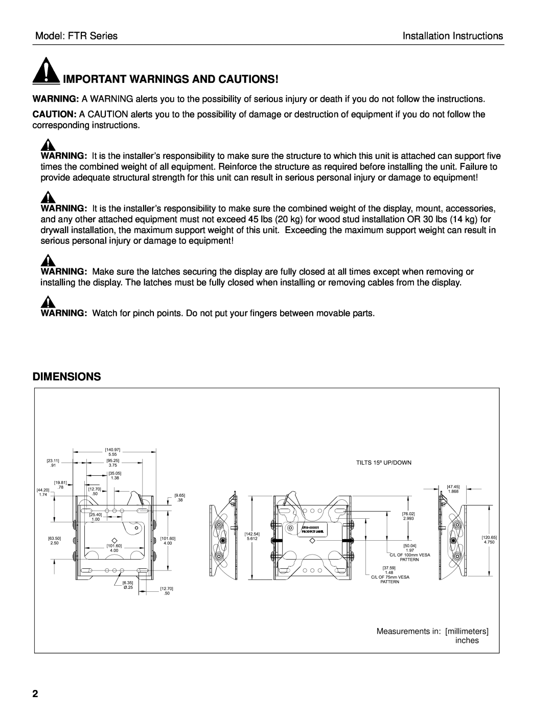 Chief Manufacturing Important Warnings And Cautions, Dimensions, Model FTR Series, Installation Instructions 