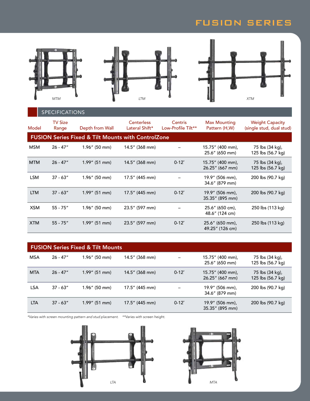 Chief Manufacturing Fusion Series manual Specifications 