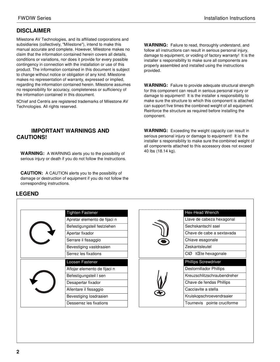 Chief Manufacturing FWDIW-I Series installation instructions Disclaimer, Important Warnings and Cautions 