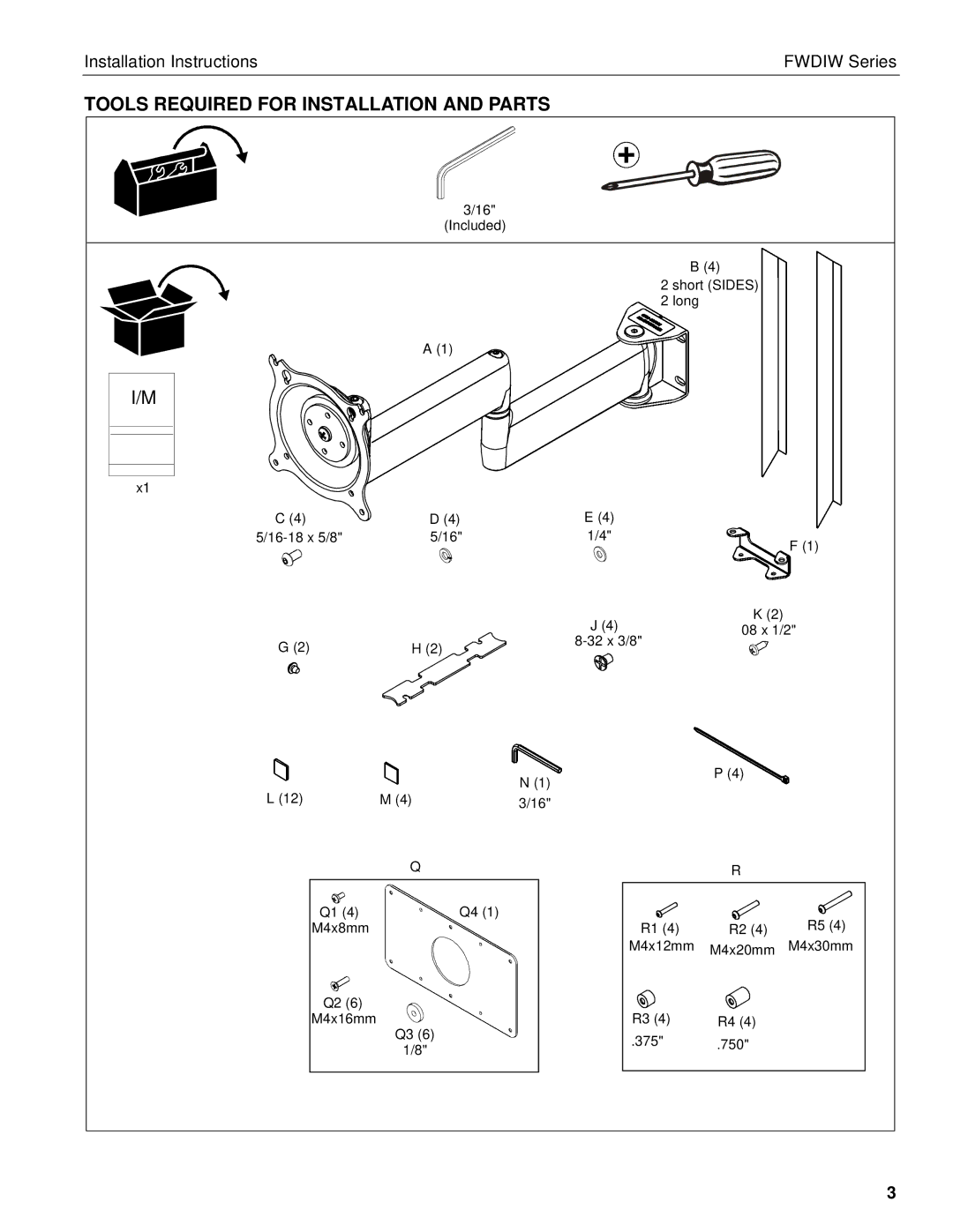 Chief Manufacturing FWDIW-I Series installation instructions Tools Required for Installation and Parts 