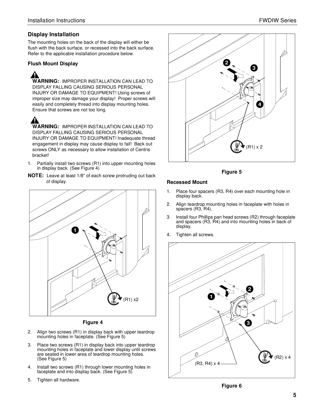 Chief Manufacturing FWDIW-I Series installation instructions Display Installation, Flush Mount Display, Recessed Mount 