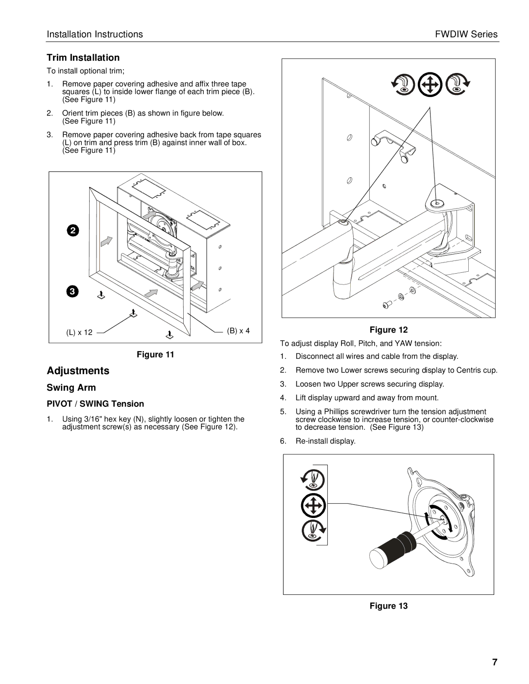 Chief Manufacturing FWDIW-I Series Adjustments, Trim Installation, Swing Arm, Pivot / Swing Tension 