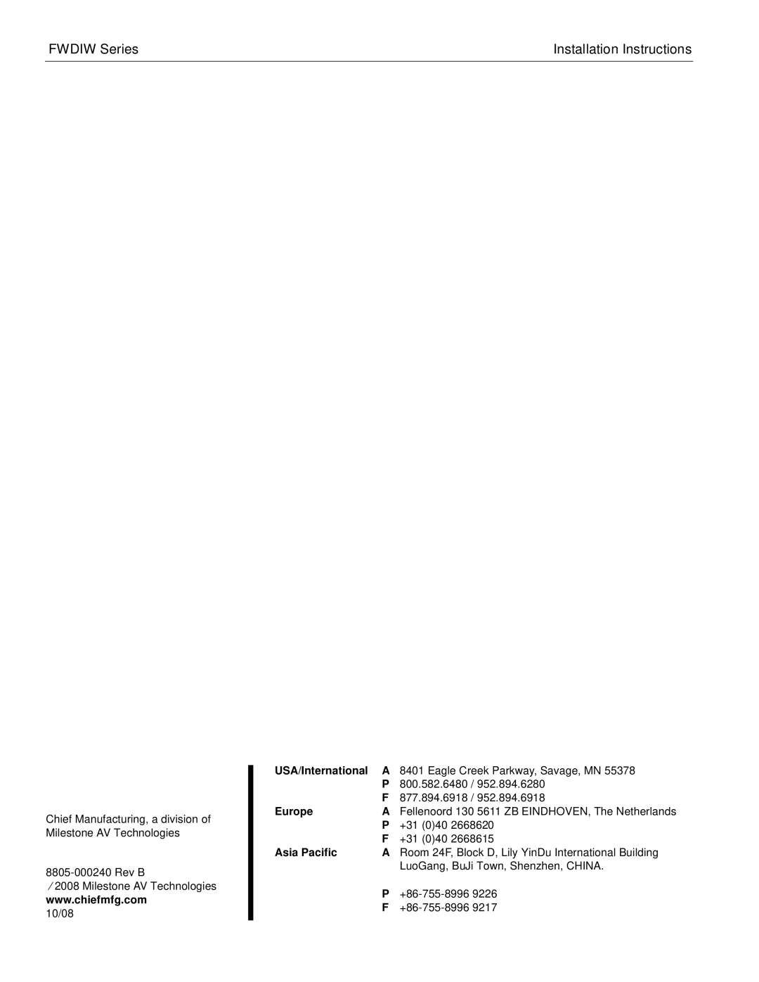 Chief Manufacturing FWDIW-I Series installation instructions +31 040 