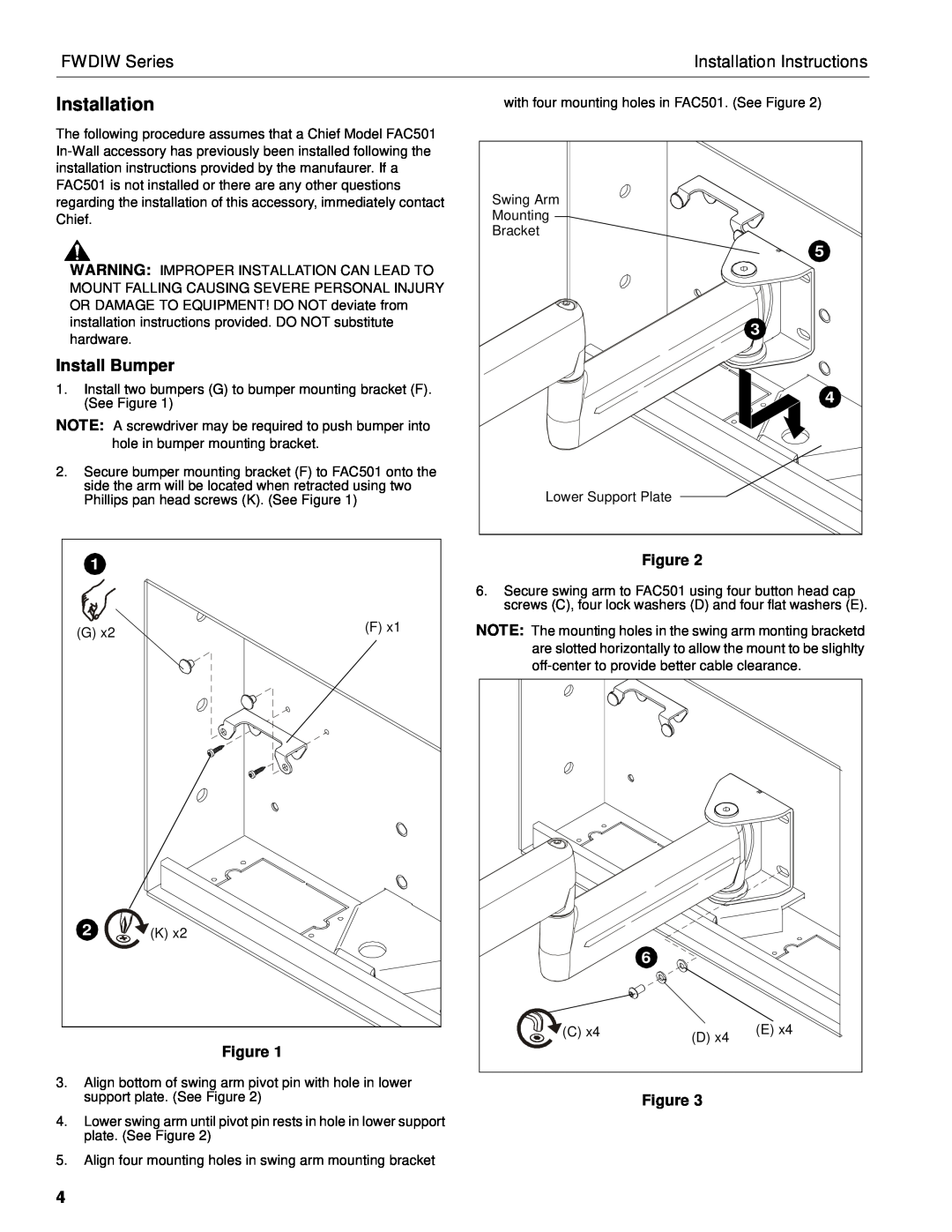 Chief Manufacturing FWDIW-I Series installation instructions Install Bumper, FWDIW Series, Installation Instructions 