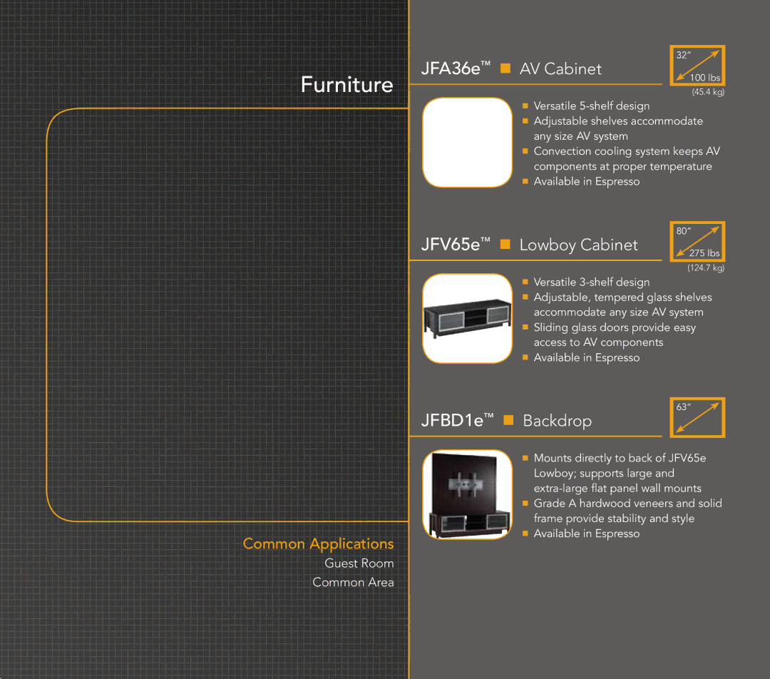 Chief Manufacturing Hospitality Solutions manual Furniture, JFA36e n AV Cabinet, JFV65e n Lowboy Cabinet, JFBD1e n Backdrop 