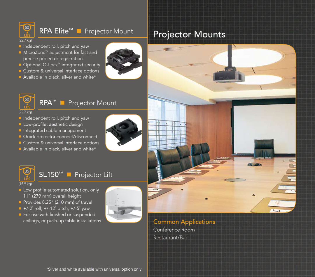 Chief Manufacturing Hospitality Solutions manual Projector Mounts, Projector Lift 