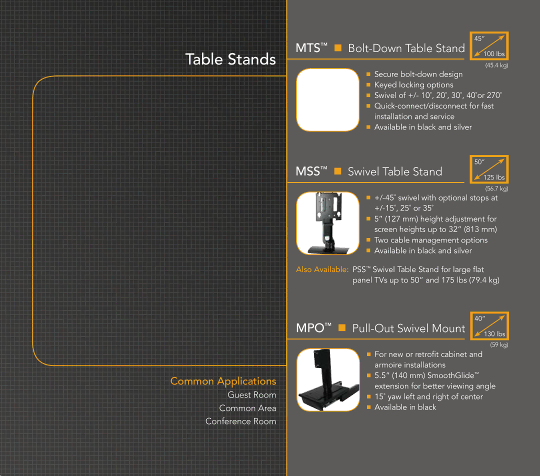 Chief Manufacturing Hospitality Solutions manual Table Stands, MTS n Bolt-Down Table Stand, MSS n Swivel Table Stand 