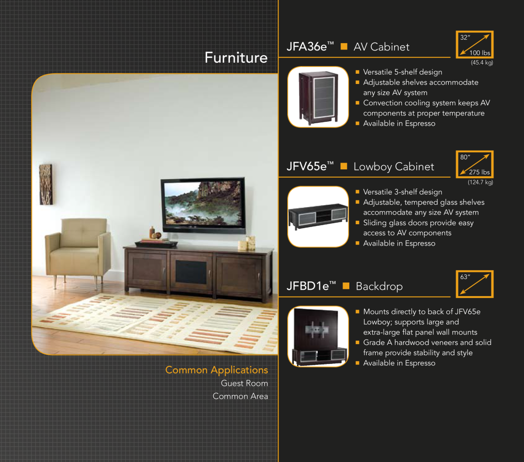 Chief Manufacturing Hospitality Solutions manual Furniture, JFA36e n AV Cabinet, JFV65e n Lowboy Cabinet, JFBD1e n Backdrop 