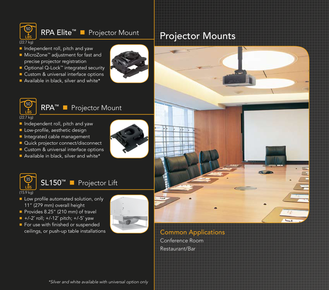 Chief Manufacturing Hospitality Solutions manual Projector Mounts, RPA Elite n, RPA n, SL150 n, Projector Lift 