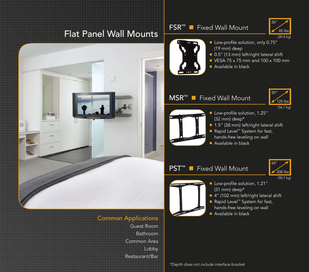 Chief Manufacturing Hospitality Solutions manual Flat Panel Wall Mounts, FSR n Fixed Wall Mount, MSR n Fixed Wall Mount 