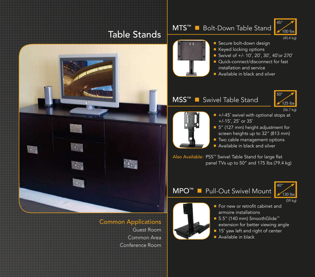 Chief Manufacturing Hospitality Solutions manual Table Stands, MTS n Bolt-DownTable Stand, MSS n Swivel Table Stand 