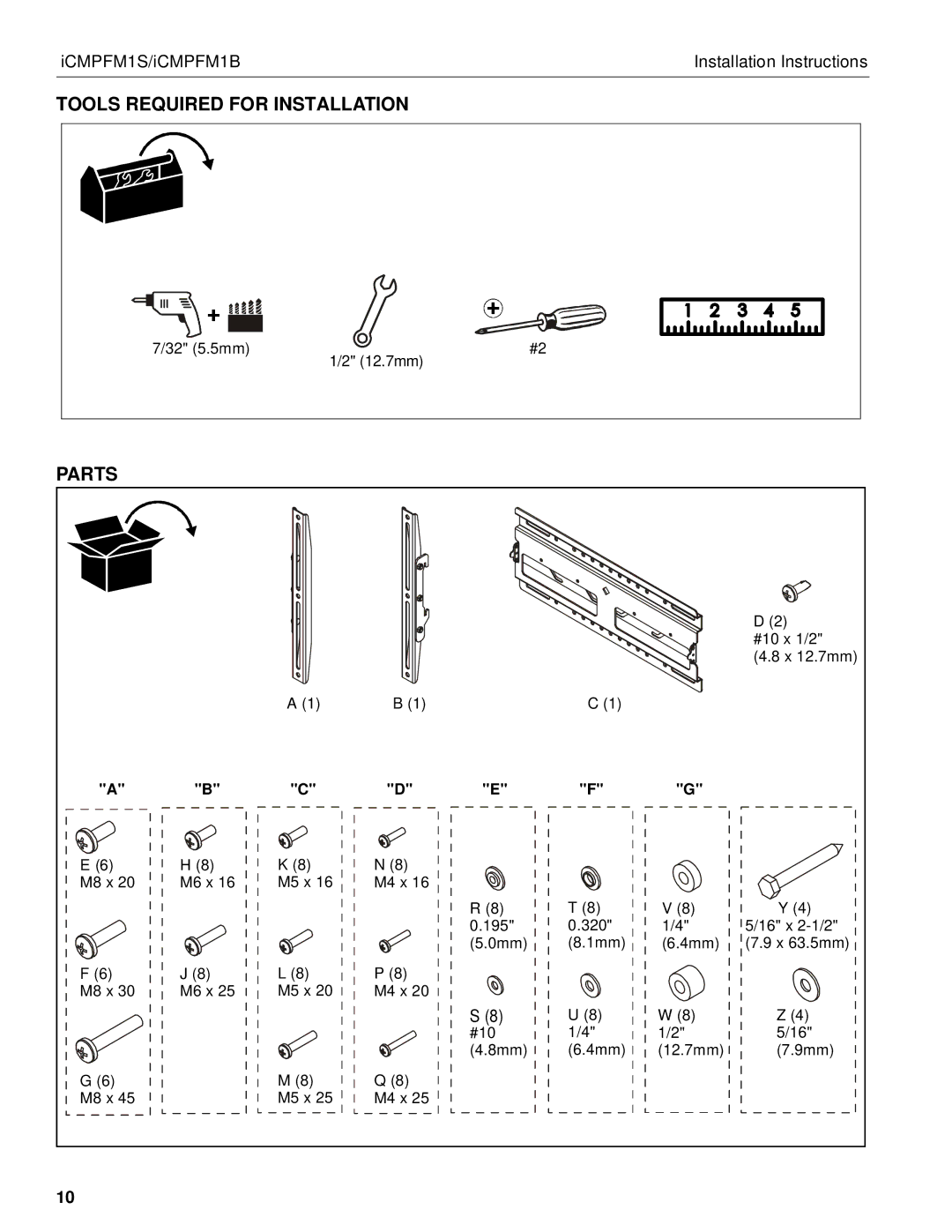 Chief Manufacturing ICMPFM1S, ICMPFM1B manual Tools Required for Installation, Parts 