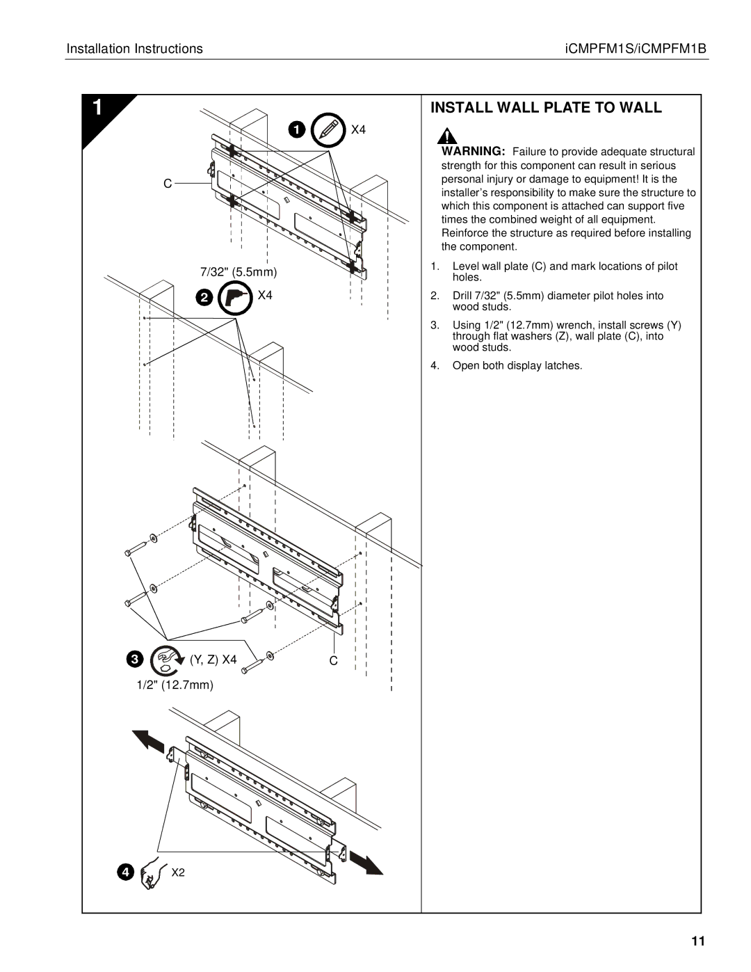 Chief Manufacturing ICMPFM1B, ICMPFM1S manual Install Wall Plate to Wall 