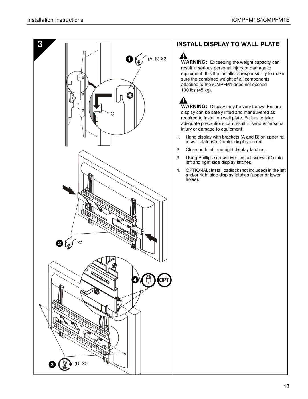 Chief Manufacturing ICMPFM1B, ICMPFM1S manual Install Display to Wall Plate 