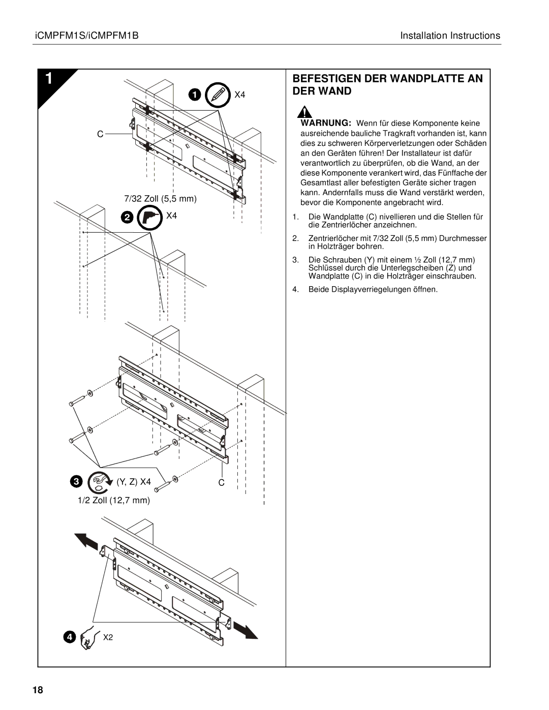 Chief Manufacturing ICMPFM1S, ICMPFM1B manual Befestigen DER Wandplatte AN DER Wand 