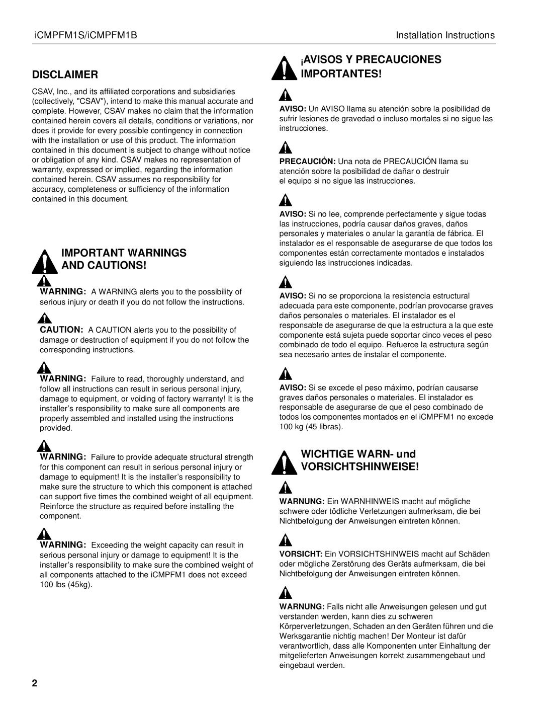 Chief Manufacturing ICMPFM1S manual Disclaimer, Important Warnings, IAVISOS Y Precauciones Importantes, Wichtige WARN- und 