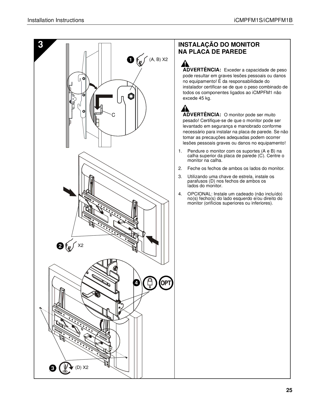 Chief Manufacturing ICMPFM1B, ICMPFM1S manual Instalação do Monitor NA Placa DE Parede 