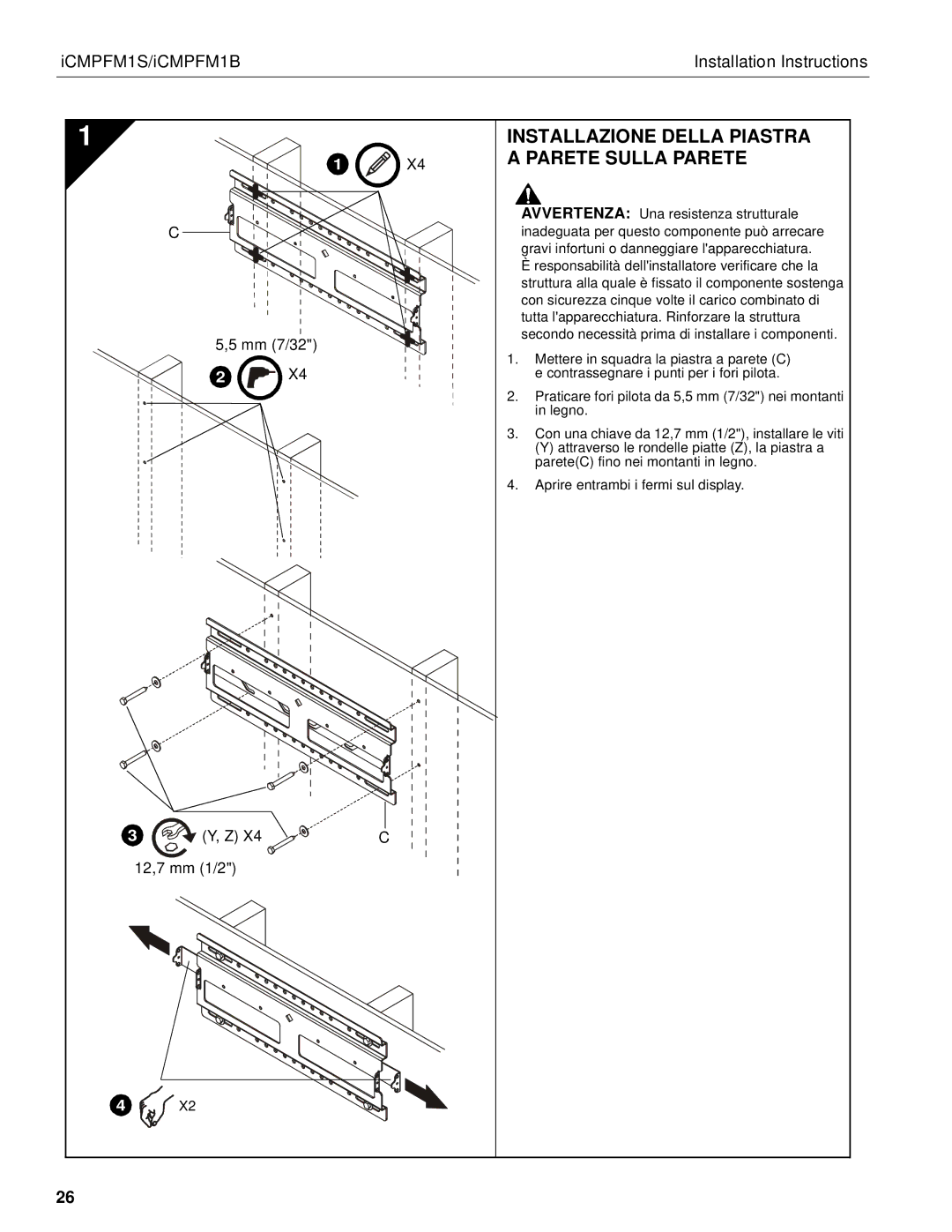 Chief Manufacturing ICMPFM1S, ICMPFM1B manual Installazione Della Piastra a Parete Sulla Parete 