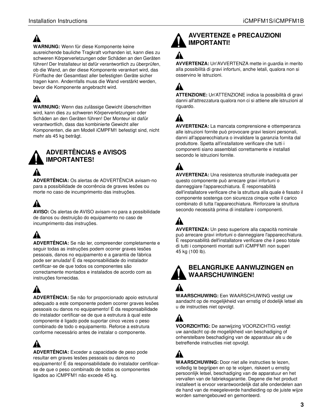 Chief Manufacturing ICMPFM1B, ICMPFM1S manual Importantes, Importanti, Waarschuwingen 