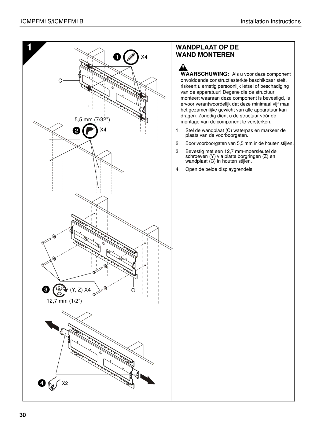 Chief Manufacturing ICMPFM1S, ICMPFM1B manual Wandplaat OP DE Wand Monteren 