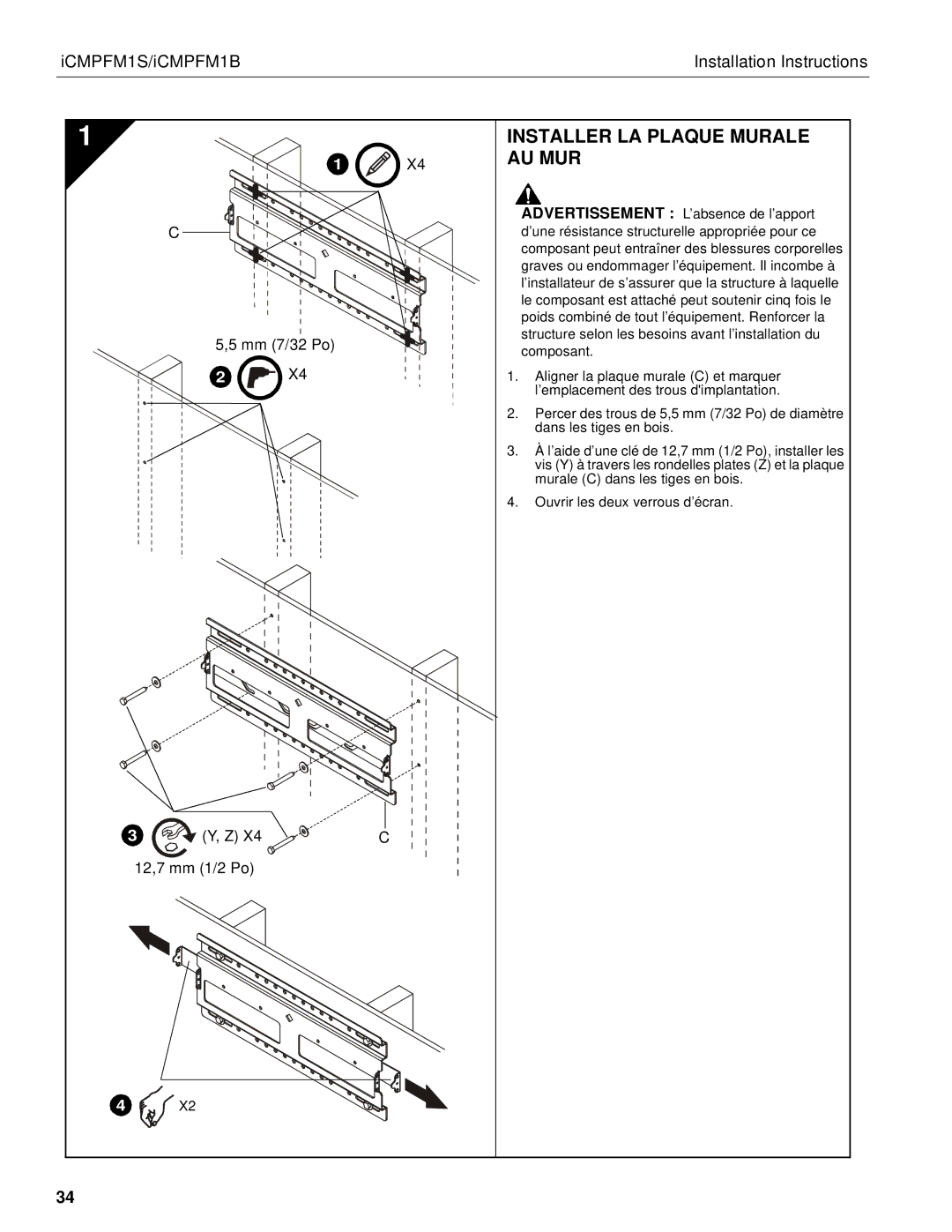 Chief Manufacturing ICMPFM1S, ICMPFM1B manual Installer LA Plaque Murale AU MUR 