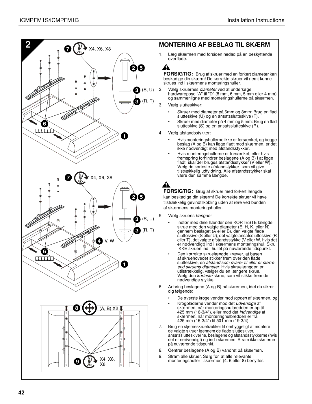 Chief Manufacturing ICMPFM1S, ICMPFM1B manual Montering AF Beslag TIL Skærm 