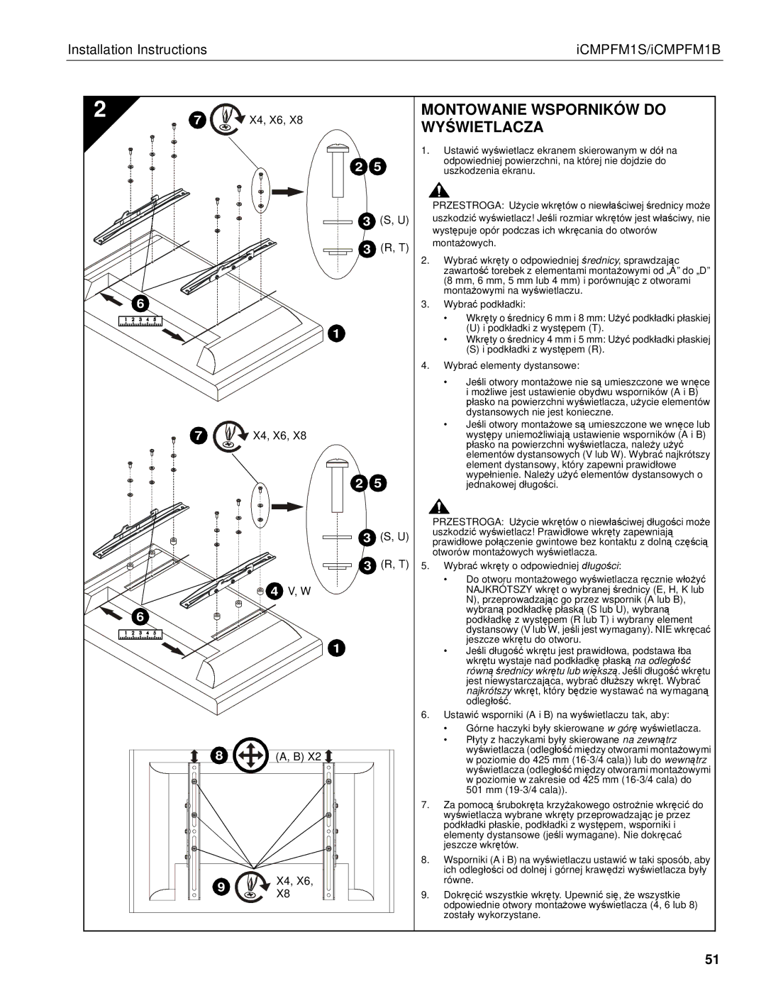 Chief Manufacturing ICMPFM1B, ICMPFM1S manual Montowanie Wsporników do Wyświetlacza 