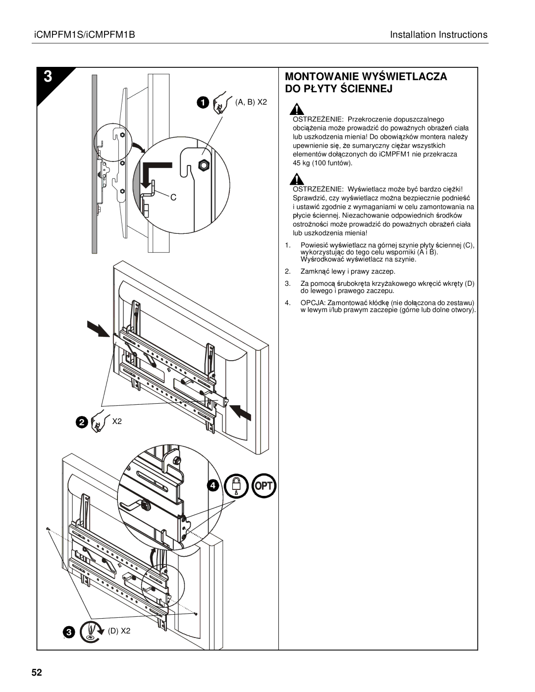 Chief Manufacturing ICMPFM1S, ICMPFM1B manual Montowanie Wyświetlacza do Płyty Ściennej 