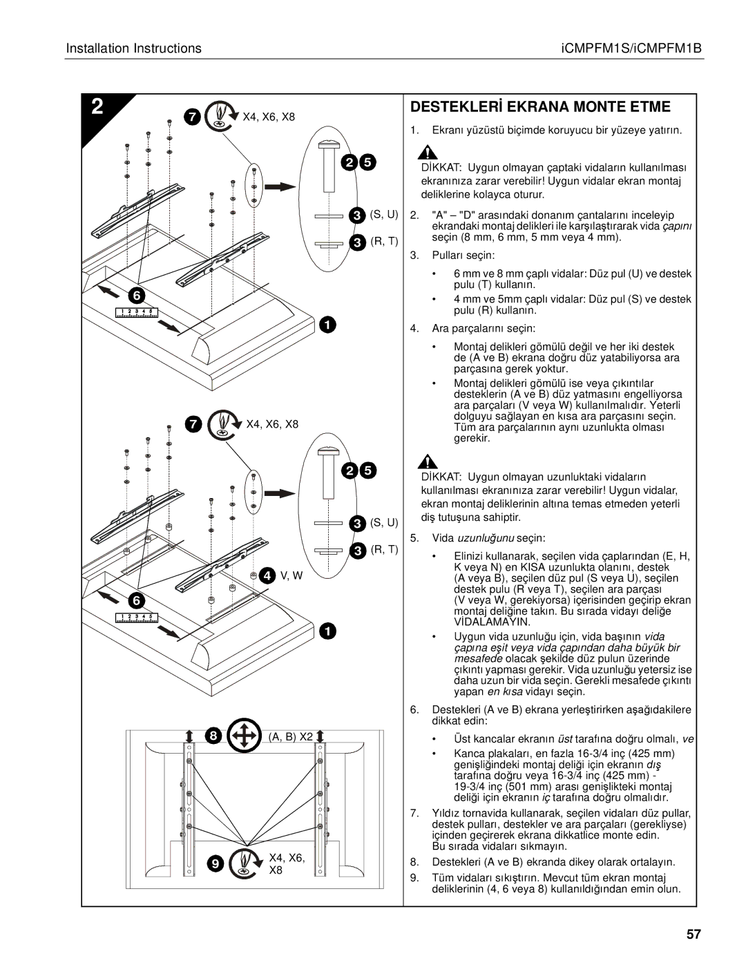 Chief Manufacturing ICMPFM1B, ICMPFM1S manual Desteklerİ Ekrana Monte Etme 