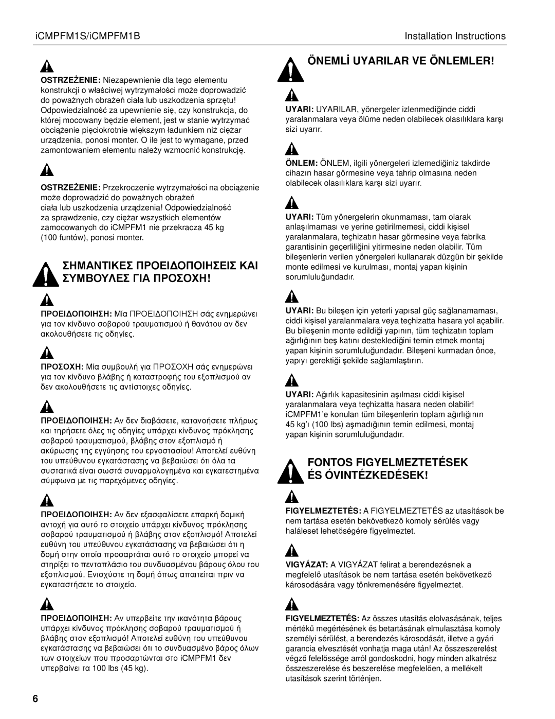 Chief Manufacturing ICMPFM1S, ICMPFM1B Σλσ Γ Πσ, Önemlİ Uyarilar VE Önlemler, Fontos Figyelmeztetések ÉS Óvintézkedések 