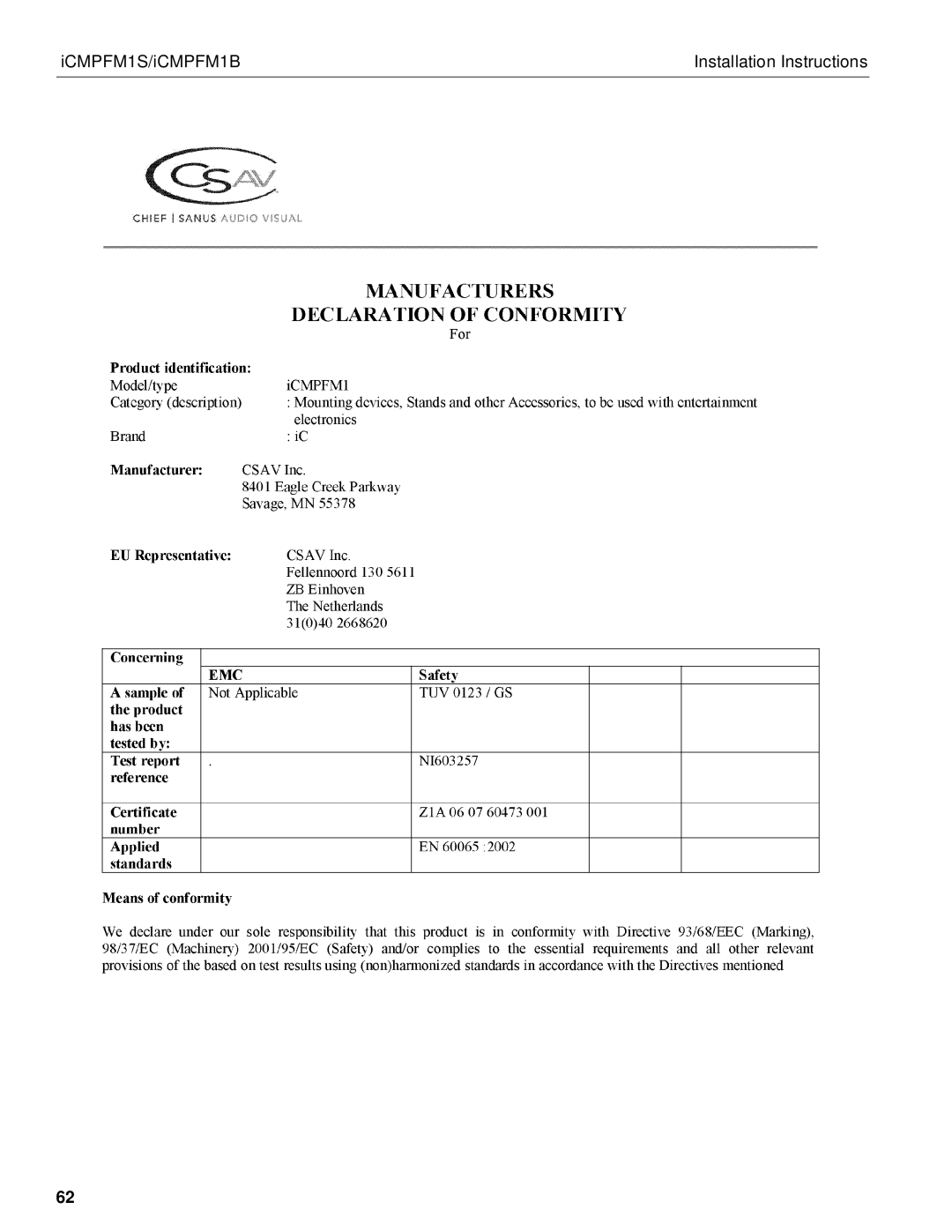 Chief Manufacturing ICMPFM1B manual ICMPFM1S/iCMPFM1B Installation Instructions 