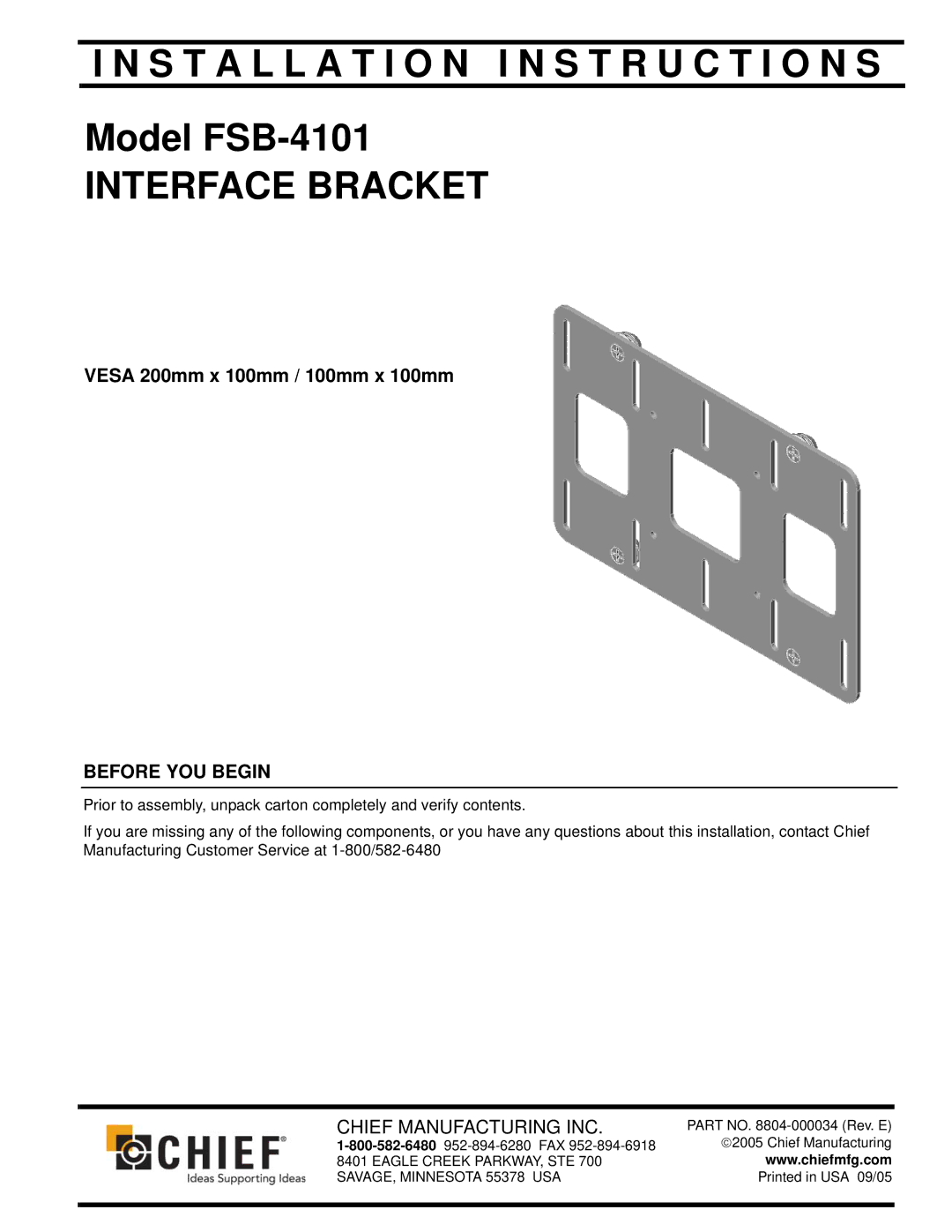 Chief Manufacturing interface bracket installation instructions Installation I N S T R U C T I O N S 