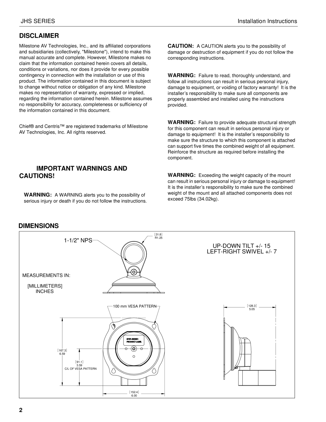 Chief Manufacturing JHS Series installation instructions Disclaimer, Important Warnings and Cautions Dimensions 