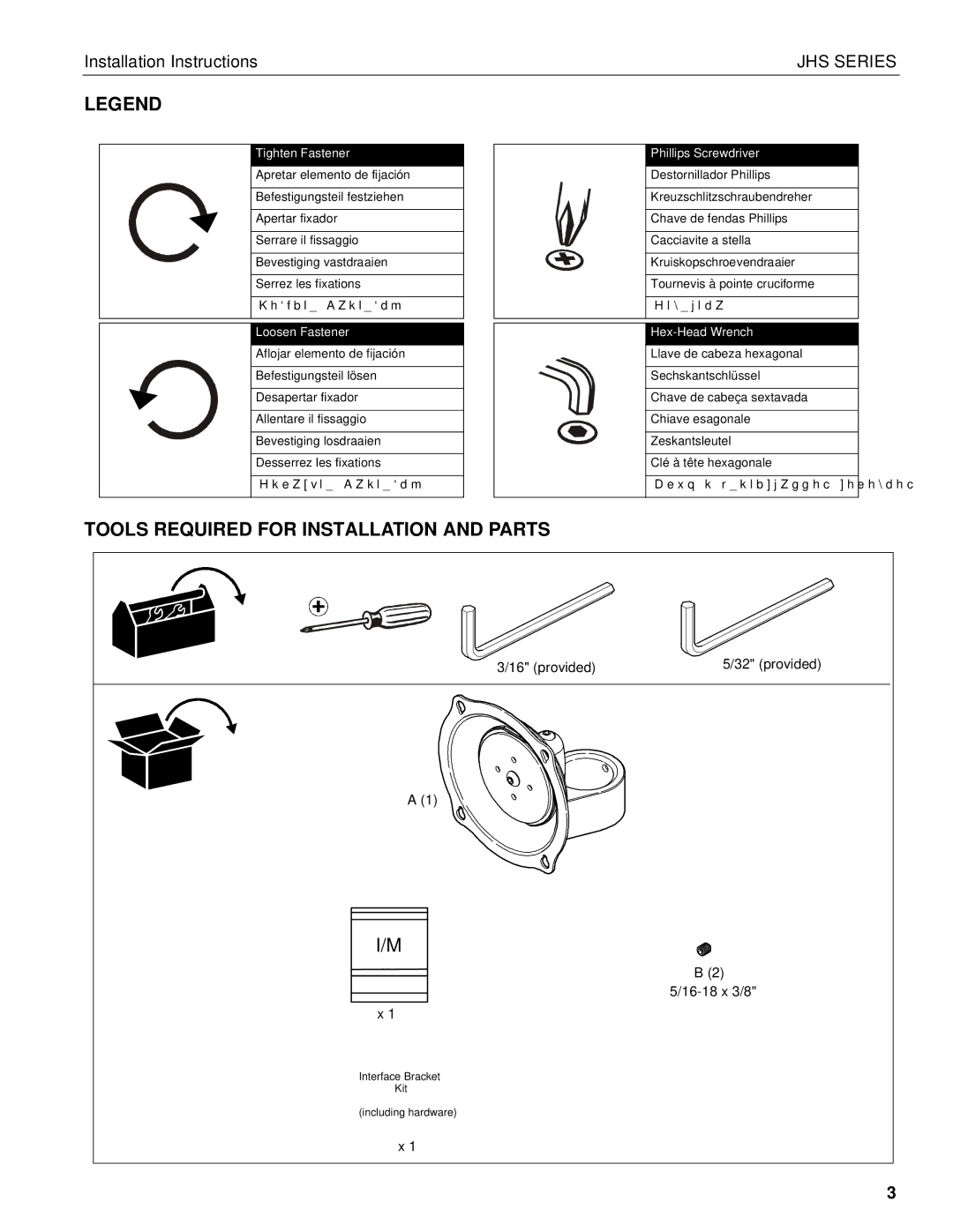 Chief Manufacturing JHS Series installation instructions Tools Required for Installation and Parts, Tighten Fastener 