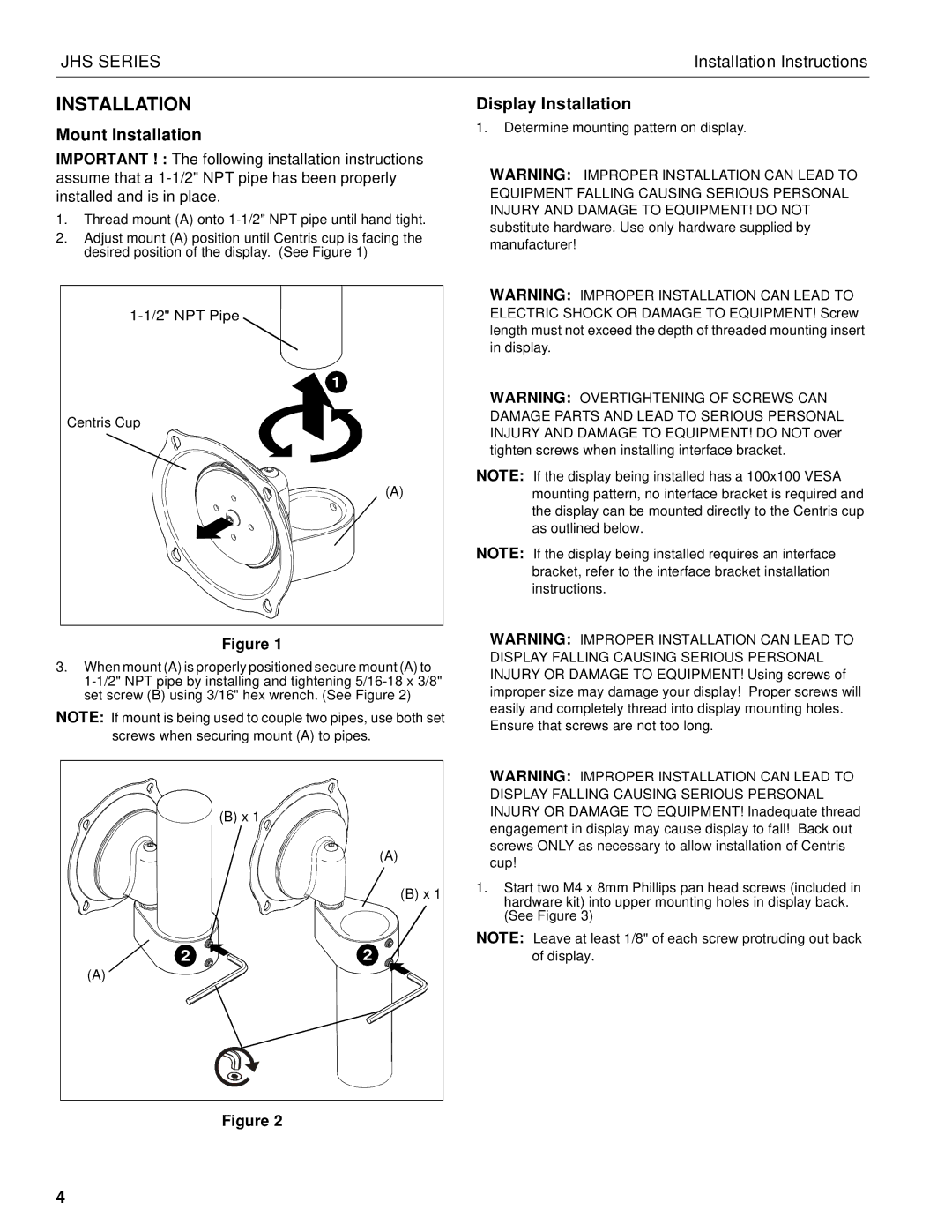 Chief Manufacturing JHS Series installation instructions Mount Installation, Display Installation 