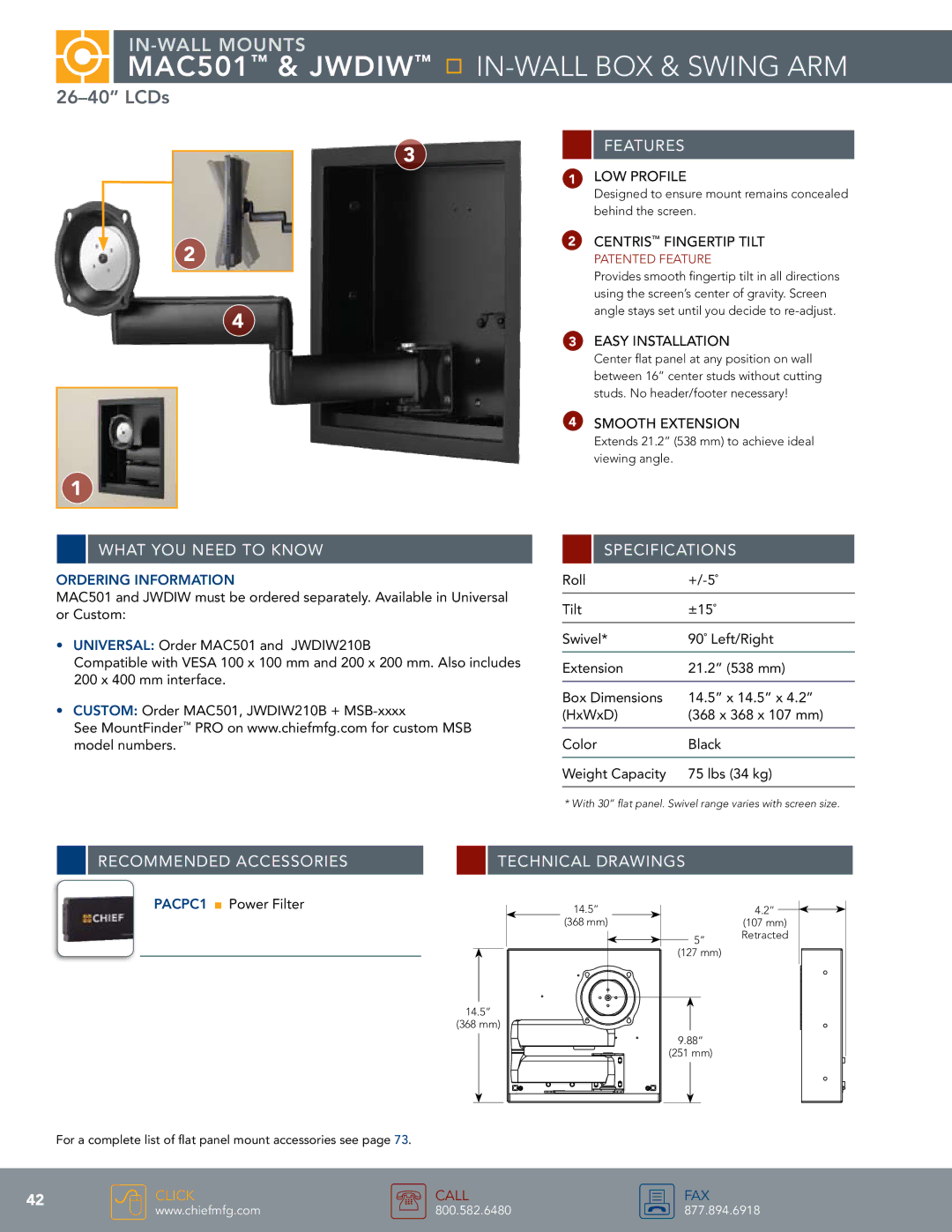 Chief Manufacturing JWDIW specifications MAC501 & Jwdiw In-Wall Box & Swing Arm, LCDs 