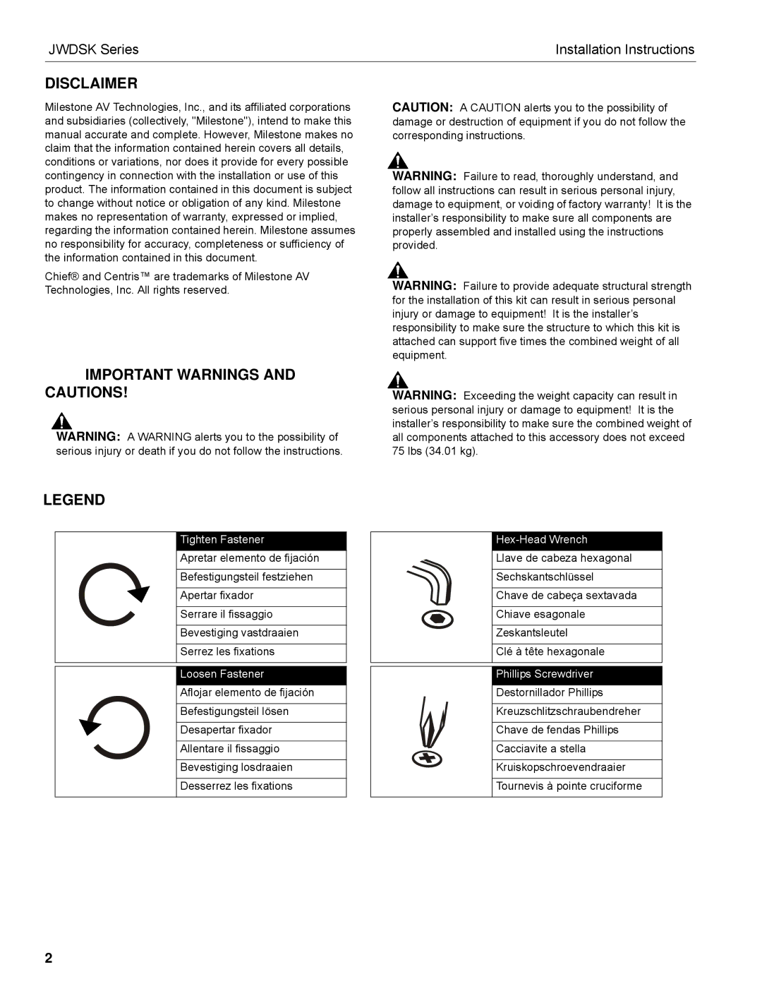 Chief Manufacturing JWDSK installation instructions Disclaimer, Important Warnings and Cautions 