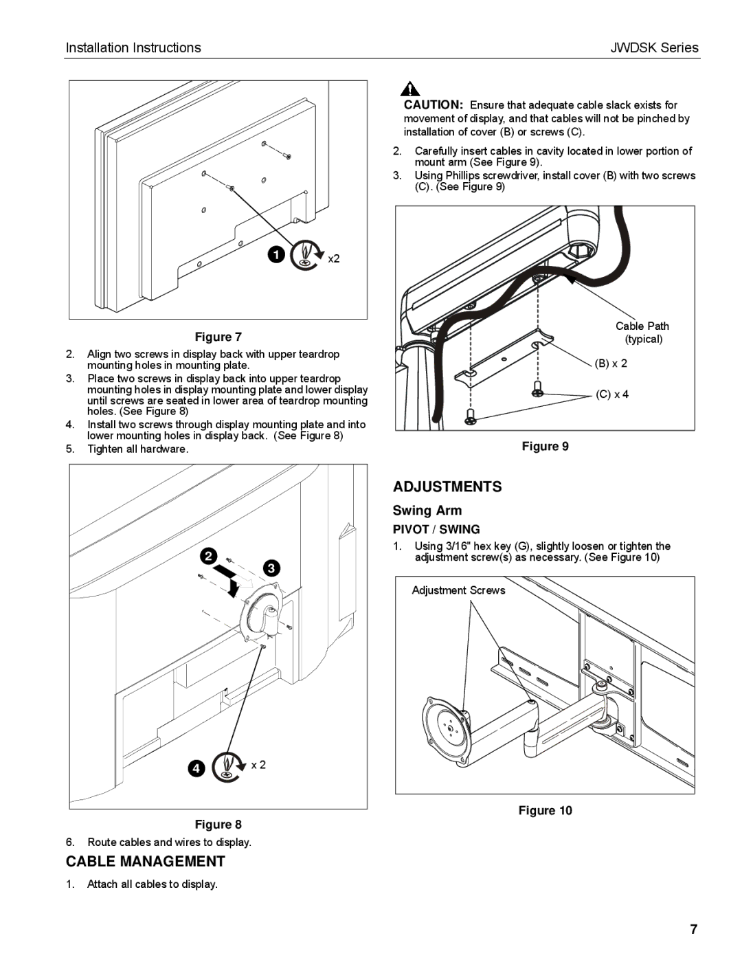 Chief Manufacturing JWDSK installation instructions Cable Management, Adjustments 