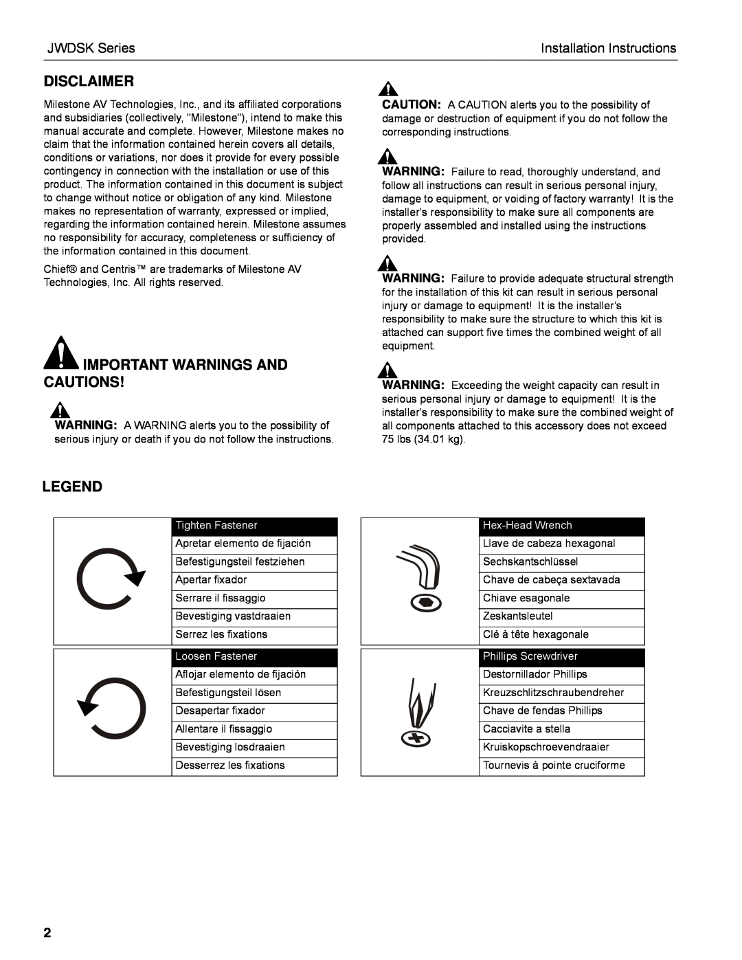 Chief Manufacturing Disclaimer, Important Warnings And Cautions, JWDSK Series, Installation Instructions 